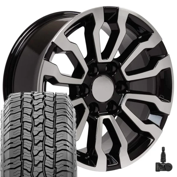 OE Wheels CV35 18x8 5 6x139 7 Gloss Black Machined Wheels 275 65 18 Ironman All Country A/T2 Tires TPMS SET