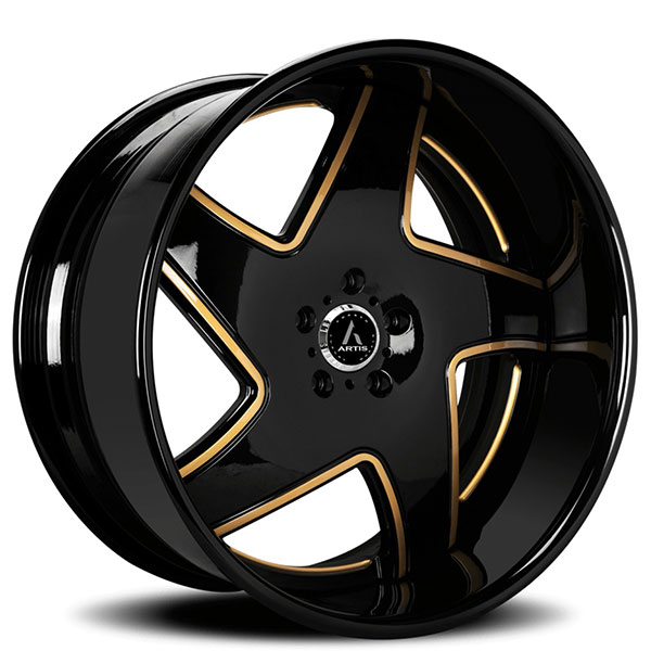 22" Artis Forged Wheels Dawn Gloss Black with Gold Accents Face and Black Lip Rims